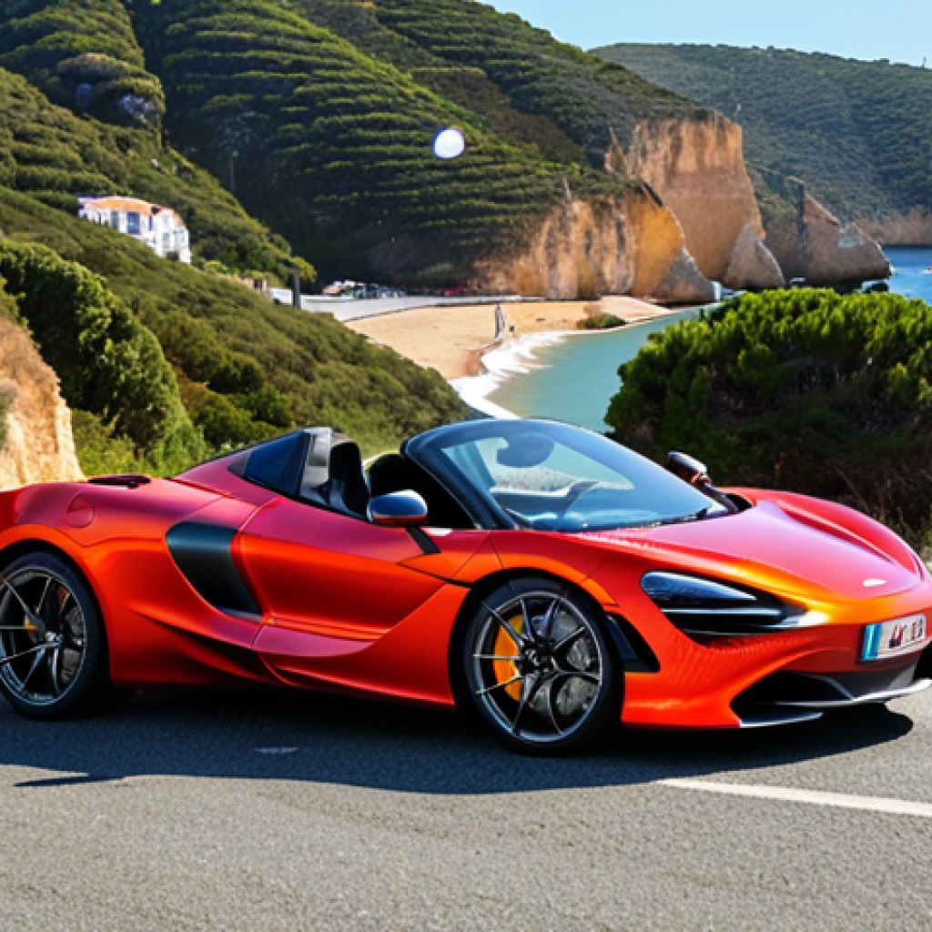 Advanced Braking**

*   **Prompt:** "McLaren 720S Spider aggressively braking on a winding coastal road in Portugal. Carbon ceramic brakes glowing slightly red. Focus on the brake calipers and disc detail. Bright sunny day. Algarve region in background."

**