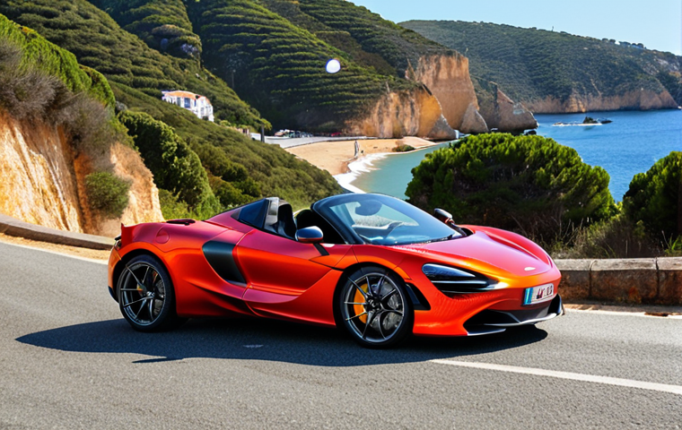 Advanced Braking**

*   **Prompt:** "McLaren 720S Spider aggressively braking on a winding coastal road in Portugal. Carbon ceramic brakes glowing slightly red. Focus on the brake calipers and disc detail. Bright sunny day. Algarve region in background."

**