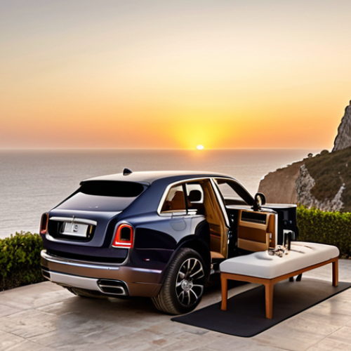 Home 6 A Rolls-Royce Cullinan parked at a picturesque viewpoint overlooking the coast near Cascais, Portugal, during a golden sunset. The "Clasp" tailgate is open, with the lower section serving as a comfortable platform. The "Viewing Suite" is deployed, featuring two elegant leather seats and a small cocktail table with two glasses of fine Portuguese wine. A sophisticated couple is seated, enjoying the panoramic view, embodying luxury and serene outdoor leisure.