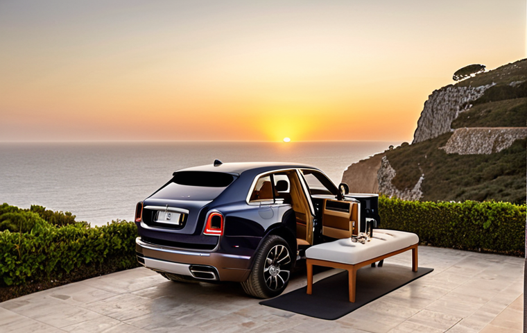 A Rolls-Royce Cullinan parked at a picturesque viewpoint overlooking the coast near Cascais, Portugal, during a golden sunset. The "Clasp" tailgate is open, with the lower section serving as a comfortable platform. The "Viewing Suite" is deployed, featuring two elegant leather seats and a small cocktail table with two glasses of fine Portuguese wine. A sophisticated couple is seated, enjoying the panoramic view, embodying luxury and serene outdoor leisure.
